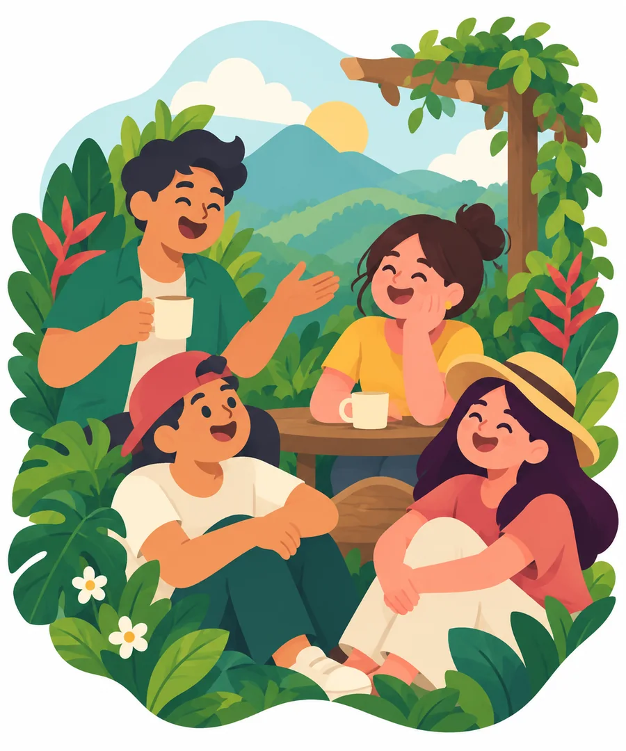 Friends sharing coffee and conversation in a mountain garden